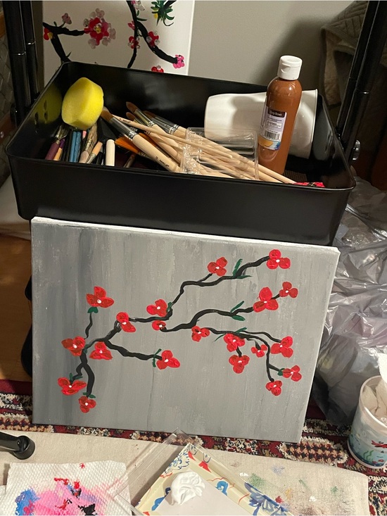 Other - Handmade Cherry Blossom Canvas Wall Art - Red & Gray